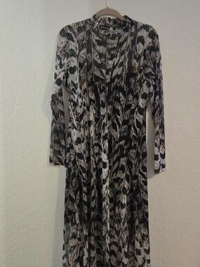 All Saints Hanna Ines Feather Print Mesh Midi Dress Mock Neck US 10 UK 14 Sheer